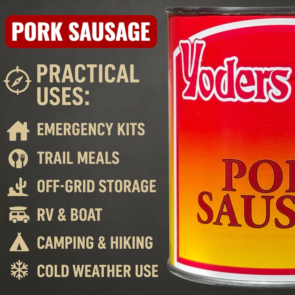 Yoder’s Canned Pork Sausage| 28 oz can | Real USA Pork | Fully Cooked | Shelf Stable Survival Food | 10+ Year Shelf Life | Ready to Eat | Ideal for Prepping, Storage & Camping