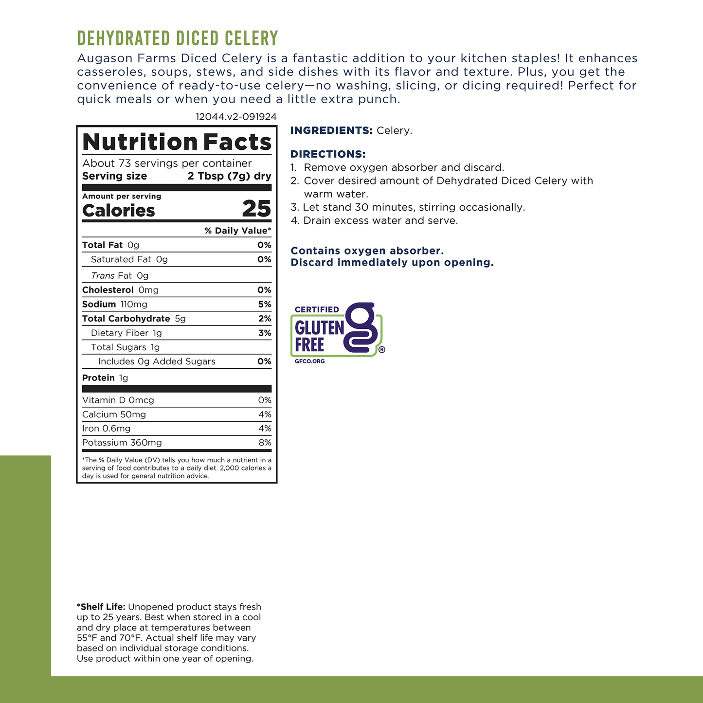 Dehydrated Cross Cut Celery Can, 73 Servings