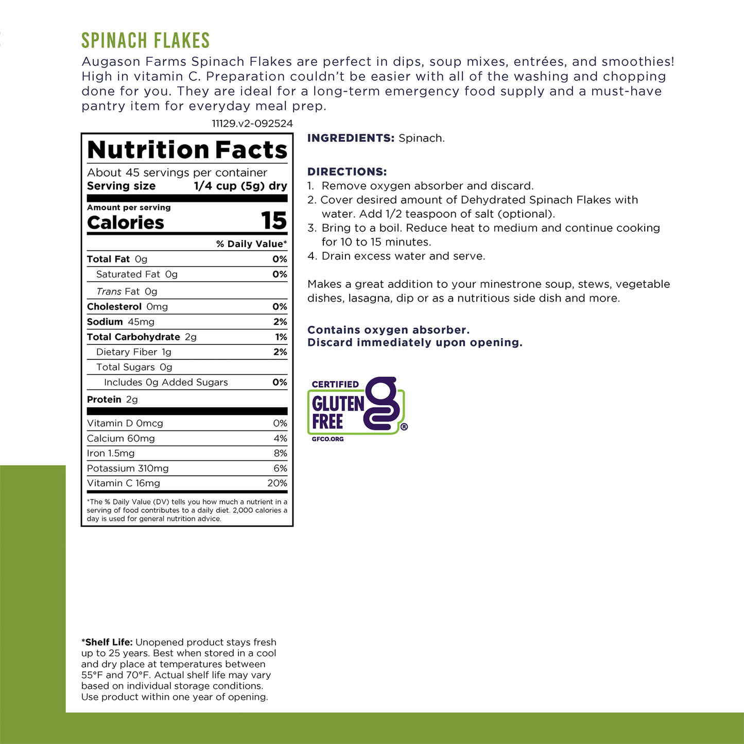 Dehydrated Spinach Flakes Can, 45 Servings