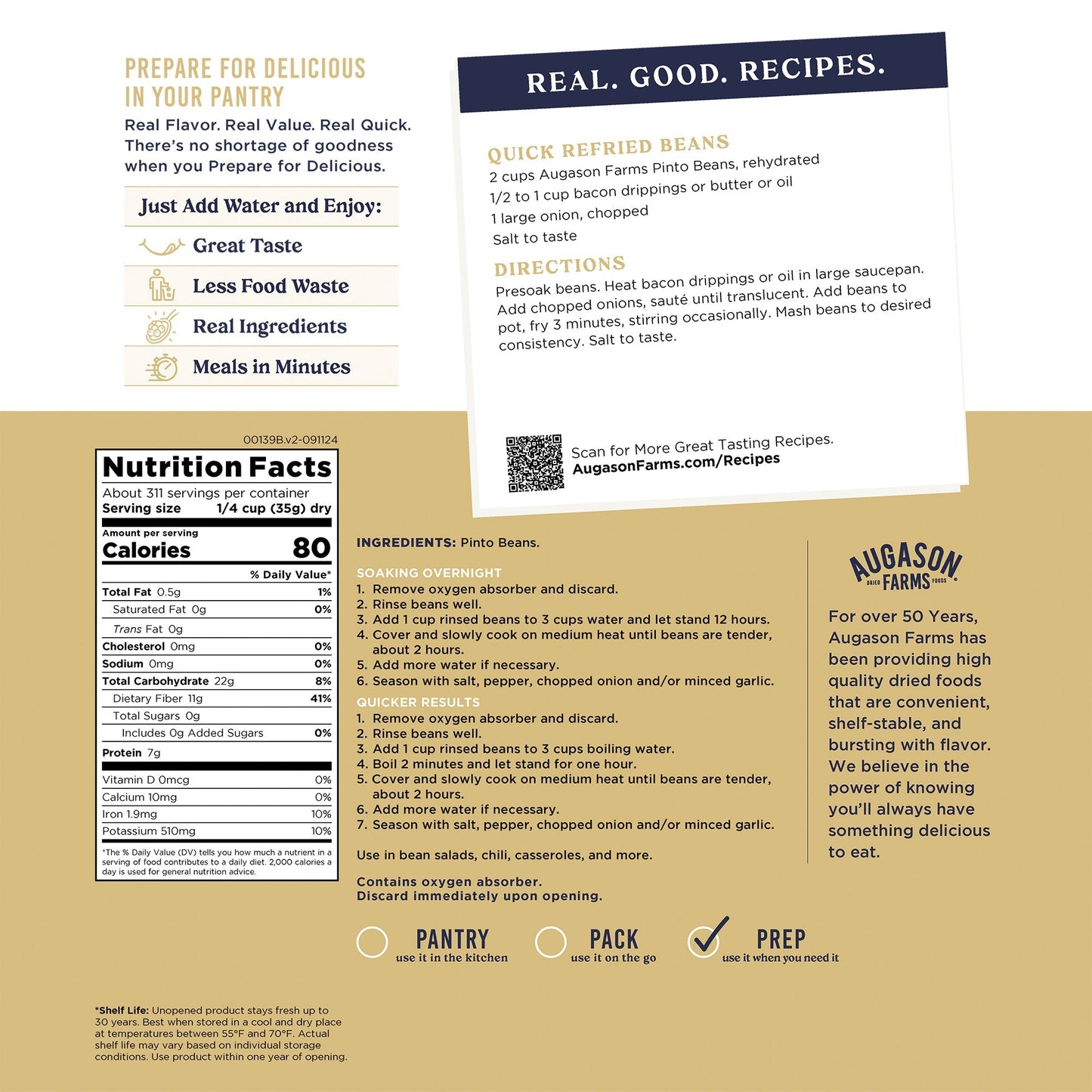 Dried Pinto Beans 4 Gallon Pail, 311 Servings