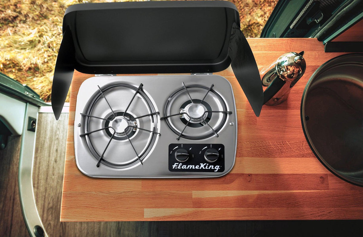 Flame King 2 Burner Built-In RV Trailer Stove with Wind Shield