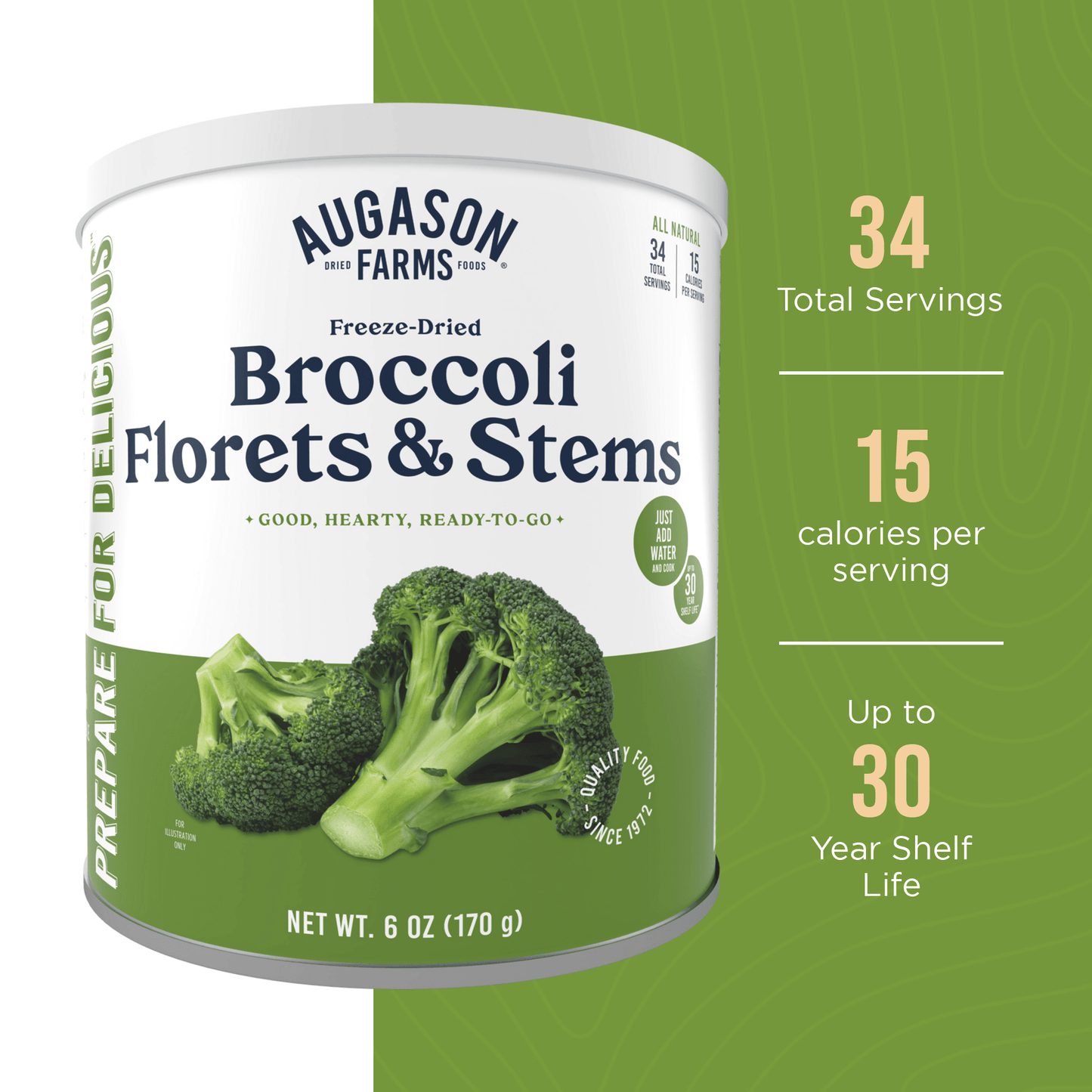 Freeze Dried Broccoli Florets and Stems Can, 34 Servings